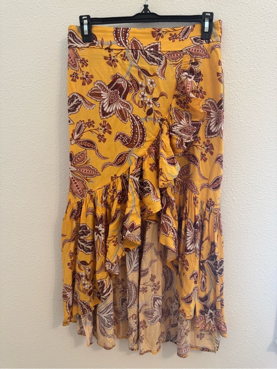 Milk & Honey Dresses & Skirts - Milk & Honey Mustard Floral Faux Wrap Ruffle Midi Skirt Size Medium